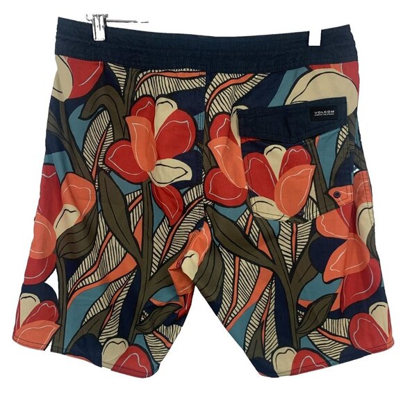 Volcom Mens Red Blue Floral Board Swim Shorts Surf Size 31 Vacation Tropical EUC - Picture 6 of 8